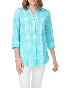 Foxcroft Faith Beach Plaid Button-Up Tunic Shirt - Blue