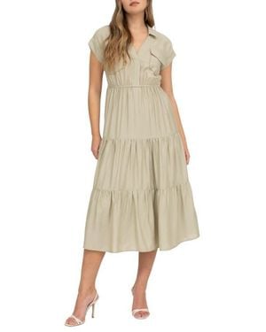 AUGUST SKY Short Sleeve Tiered Shirtdress - Natural