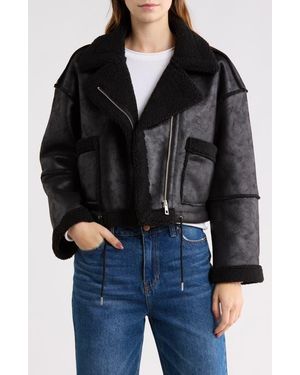 Vigoss Faux Shearling Lined Moto Jacket - Black