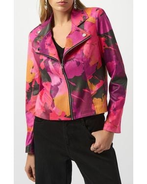 Joseph Ribkoff Floral Foiled Faux Leather Moto Jacket - Red