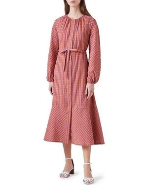 LK Bennett Sophie Check Tie Waist Long Sleeve Midi Dress - Red