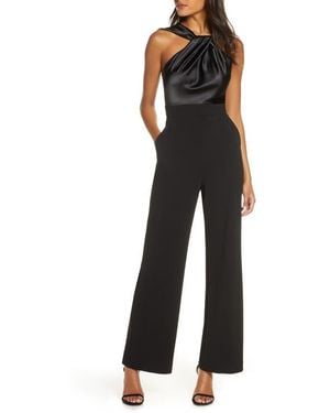 Eliza J Twist Neck Satin & Crepe Jumpsuit - Black
