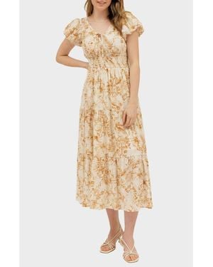 AUGUST SKY Floral Puff Sleeve Tiered Midi Dress - Natural