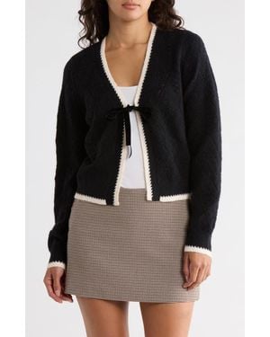 Blu Pepper Ribbon Tie Front Pointelle Cardigan - Black