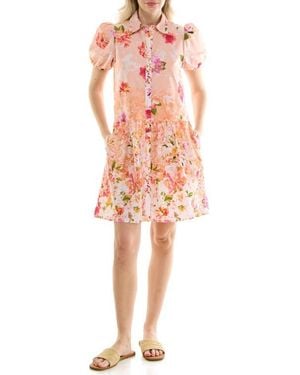 Nicole Miller Crinkle Puff Sleeve Mid Dress in Pink | Lyst