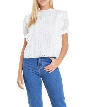 English Factory Embroidered Eyelet Short Sleeve Cotton Top - Blue