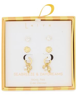 Leith Set Of 3 Cubic Zirconia Stud, Shell & Cultured Pearl Charm Huggie Hoop Earrings - Metallic
