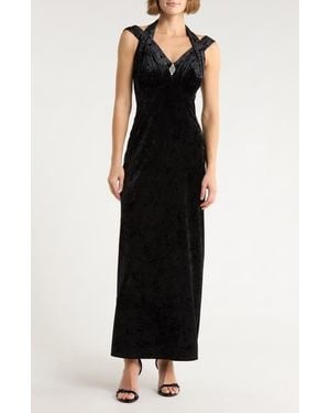 Connected Apparel Crystal Velvet Halter Gown - Black