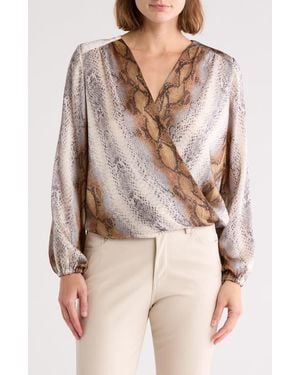 Tahari Long Sleeve Faux Wrap Blouse - Natural