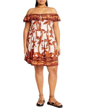 City Chic Tahitian Border Print Off The Shoulder Dress - Red