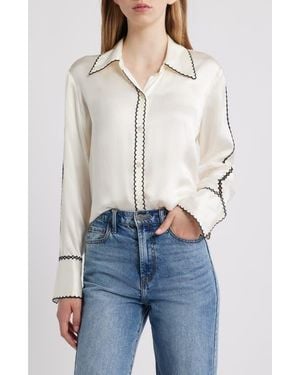 Rails Aloise Embroidered Trim Silk Button-Up Shirt - Blue