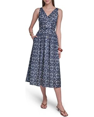 Halston Printed Drop Waist Dress - Blue