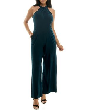 Nina Leonard Twist Halter Knit Jumpsuit - Blue