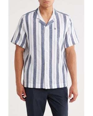 Original Penguin Vertical Stripe Linen & Cotton Camp Shirt - Blue