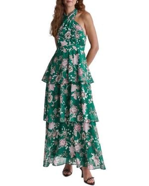 BCBGMAXAZRIA Floral Tiered Halter Maxi Dress - Green