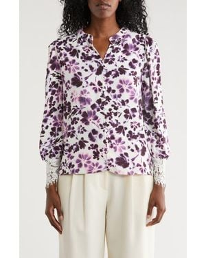 Nicole Miller Floral Long Sleeve Button-Up Top - Purple
