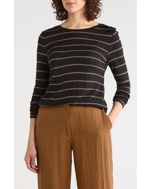 Tahari Striped Long Sleeve Crewneck Top - Black
