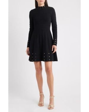 Vince Camuto Metallic Rivet Detail Long Sleeve Fit & Flare Ottoman Knit Dress - Black