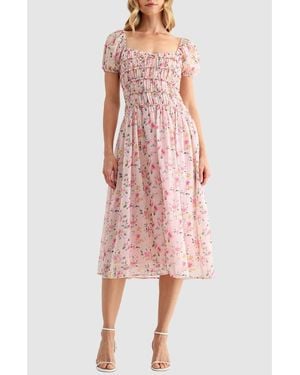 Lush Chiffon Smocked Midi Dress - Pink