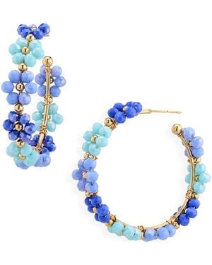 Cara Beaded Flower Hoop Earrings - Blue