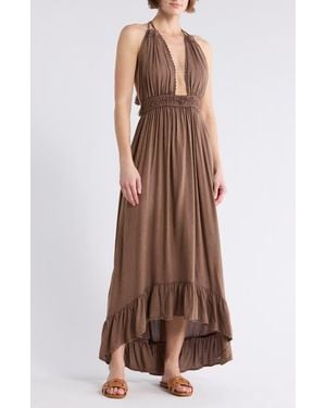 Boho Me Open Back Plunge Neck Ombré Halter Dress - Brown