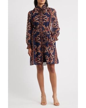 Julia Jordan Florentine Print Long Sleeve Tie Neck Shirtdress - Red