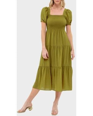 AUGUST SKY Puff Sleeve Tiered Midi Dress - Green