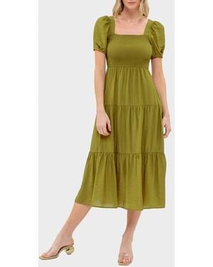 AUGUST SKY Puff Sleeve Tiered Midi Dress - Green