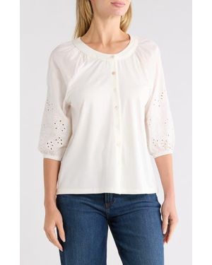 Forgotten Grace Eyelet Sleeve Button Front Top - White
