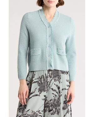 Adrianna Papell Frayed Waffle Knit Cardigan - Blue
