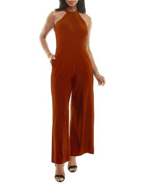 Nina Leonard Twist Halter Knit Jumpsuit - Red
