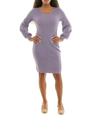 Nina Leonard V-Neck Balloon Sleeve Sweater Dress - Multicolor