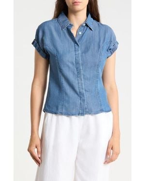 Tahari Short Sleeve Denim Shirt - Blue