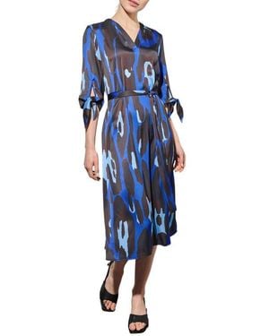 Ming Wang Abstract Animal Crêpe De Chine Midi Shirtdress - Blue