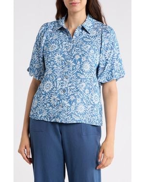 Nicole Miller Floral Puff Sleeve Button-Up Shirt - Blue