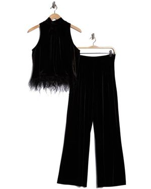 Julia Jordan Two-Piece Feather Trim Velvet Top & Wide Leg Velvet Pant Set - Black