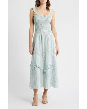Moon River Floral Smocked Bodice Flutter Sleeve Midi Dress - Blue