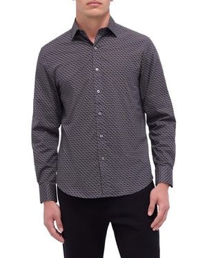 Bugatchi Axel Shaped Fit Basketweave Print Stretch Button-Up Shirt - Gray