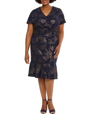 London Times Floral Twisted Flounce Sheath Dress - Blue