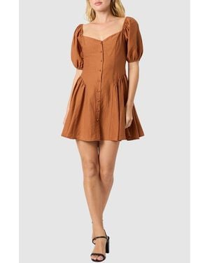 Lush Puff Sleeve Button Front Dress - Brown
