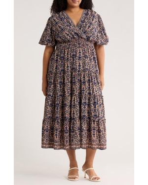 Max Studio V-Neck Puff Sleeve Tiered Dress - Purple