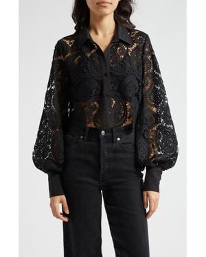 L'Agence Odelia Allover Lace Crop Button-Up Shirt - Black