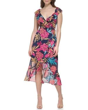Kensie Tropical Floral Chiffon Faux Wrap Dress - Red