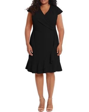 London Times Pleated Flounce Faux Wrap Dress - Black