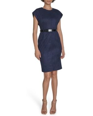 Calvin Klein Cap Sleeve Belted Faux Suede Sheath Dress - Blue