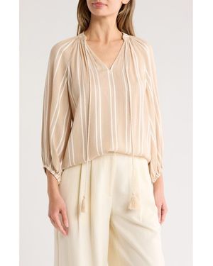 Gemma  Jane Stripe Woven Split Neck Top - Natural