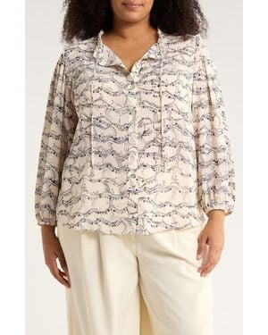 Adrianna Papell Ruffle Neck Woven Button-Up Shirt - White