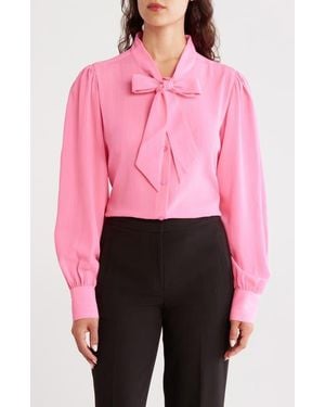 DKNY Tie Neck Long Sleeve Button-Up Top - Pink
