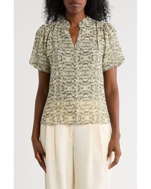 Adrianna Papell Bubble Sleeve Covered Button-Up Top - Multicolor