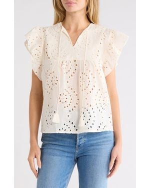Forgotten Grace Eyelet Tie Front Cotton Top - Natural
